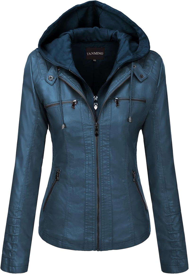 Tanming Womens Faux Leather Jacket Hooded Moto Biker Coat Outerwear Fall Fashion Outfits Winter Clothes-12