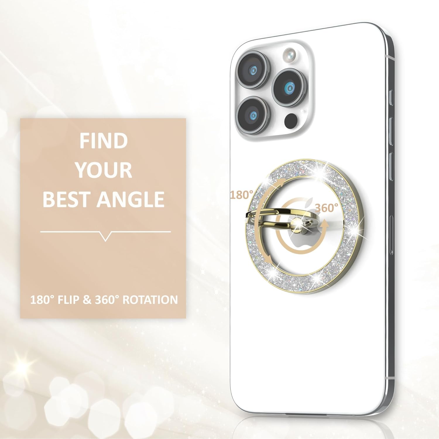 Magnetic Phone Ring Holder for MagSafe Cell Phone Grip Stand Finger Ring Stand Compatible with iPhone 17 16 15 14 13 12 Pro Max MagSafe Accessories Android. (Glitter Gold)