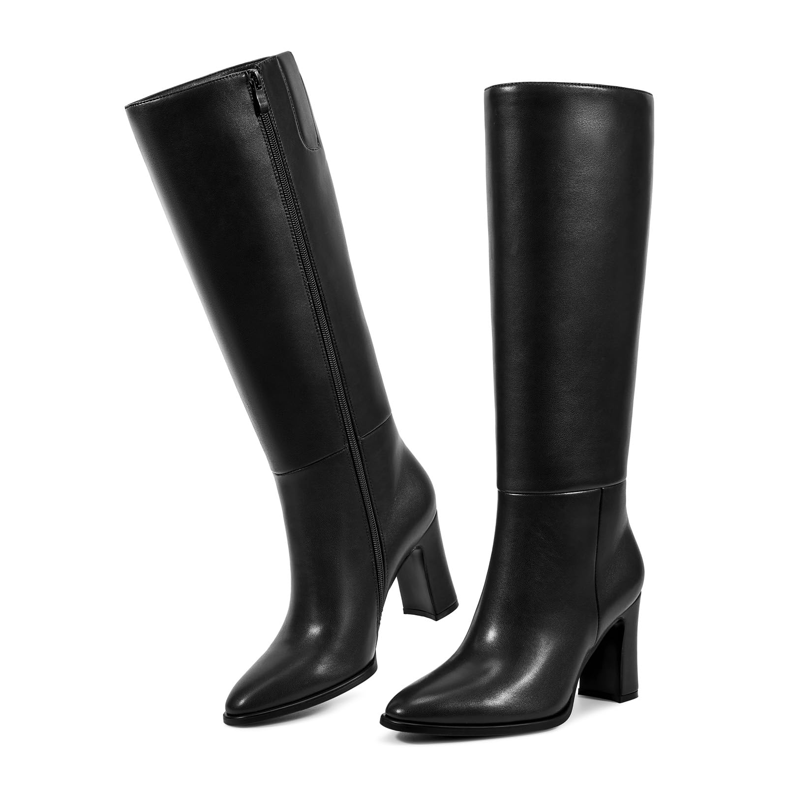 wetkiss Women’s Knee High Boots Chunky Block Heel Tall Boots Knee High Square Toe Long Boot Mid Low Heel Boot with Zipper-45