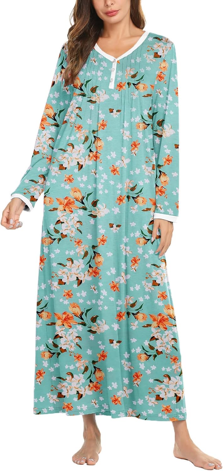 Ekouaer Women's Long Sleeve Nightgown Full Length Sleepwear Long Sleepshirts Henley Sleep Dress S-4XL-15