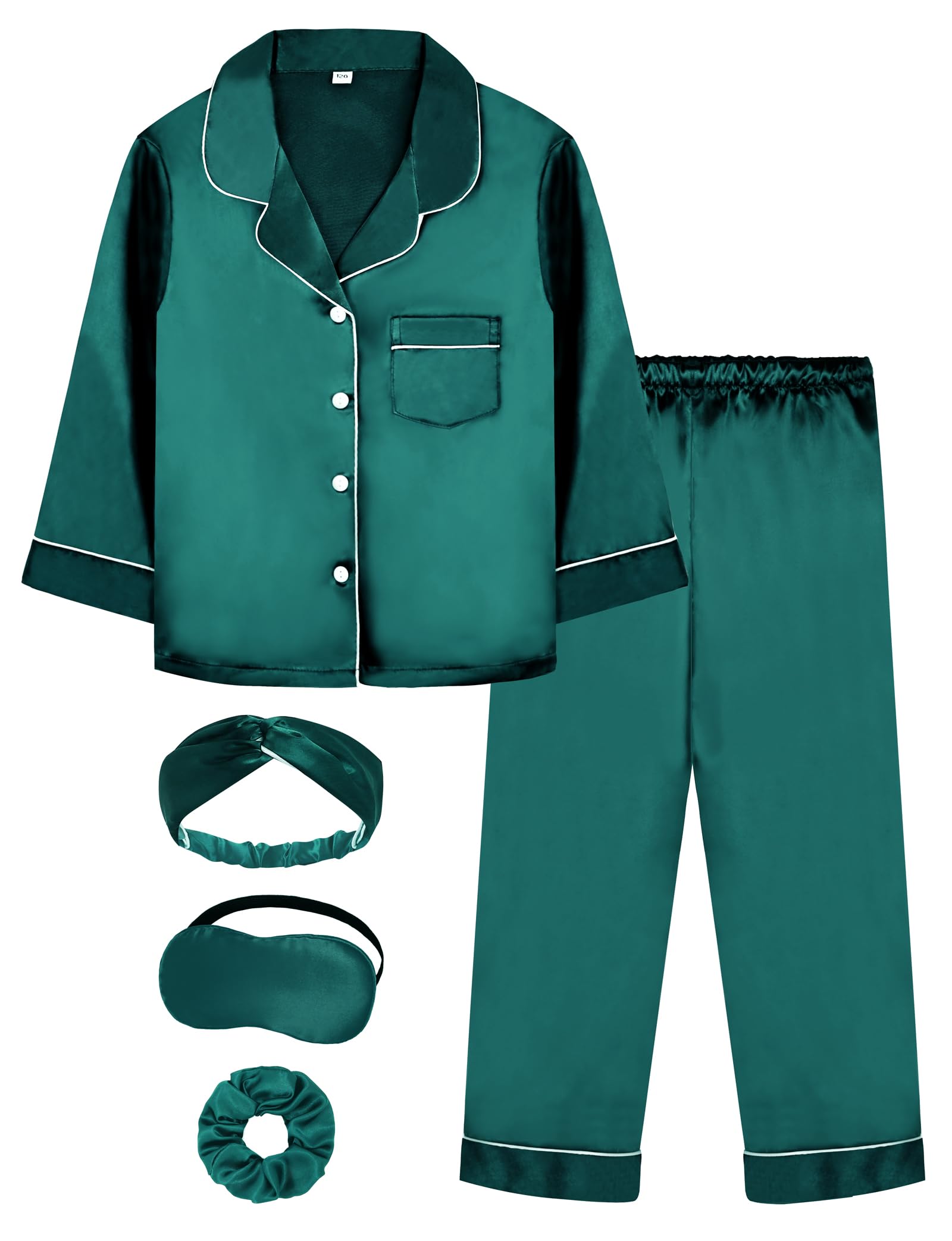 EPLAZA Kids Satin Pajamas Sets Girls Boys Button-Down Silky Pajamas Sleepwear with Hairband Eye Mask Hair Tie