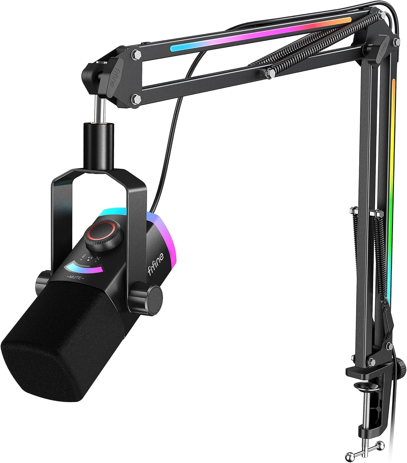 FIFINE Gaming Microphone Kit, XLR/USB Dynamic PC Microphone with Boom Arm for Podcast Recording, RGB Streaming Mic Set, Tap-to-Mute, Mix Control, Headphone Jack-AmpliGame AM8PROT