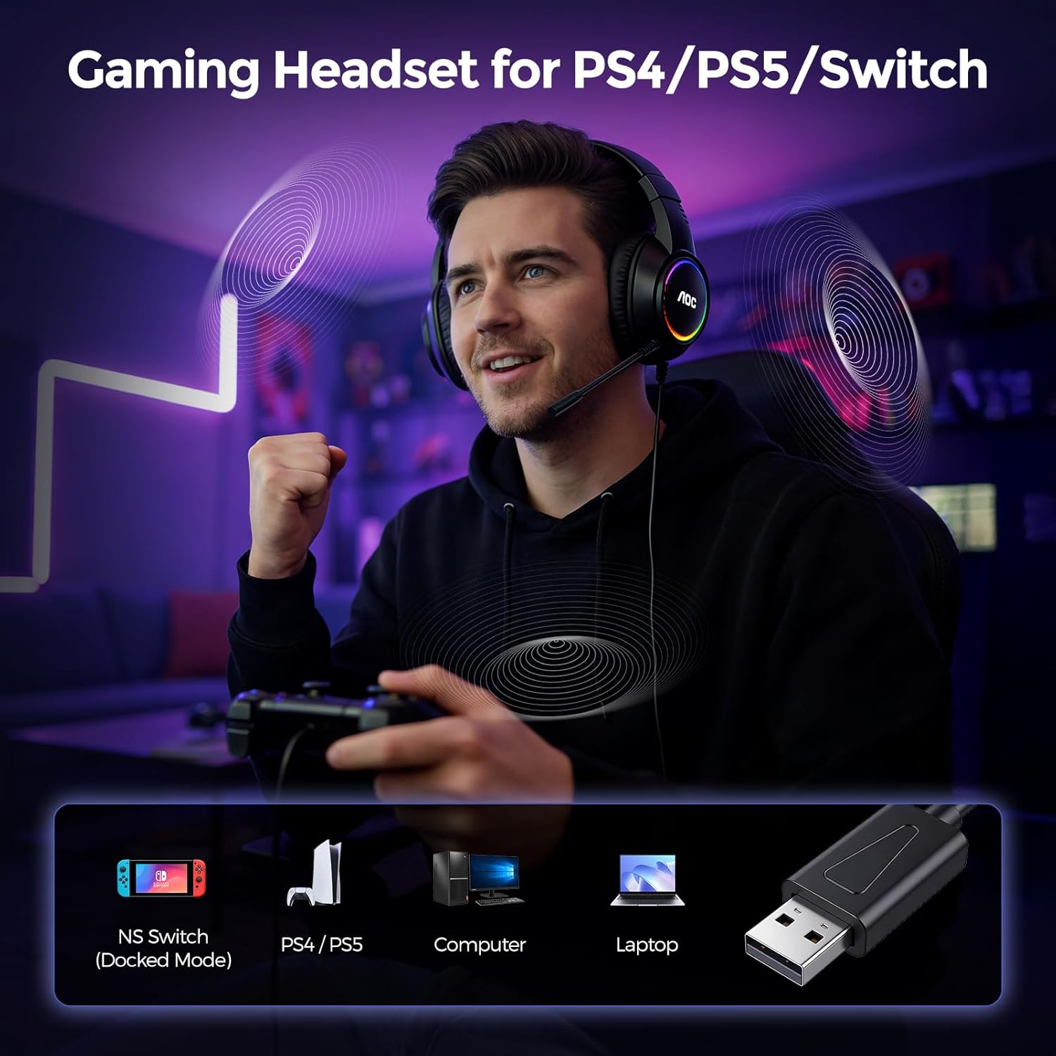 AOC Gaming Headset, Black Wired Gaming Headphones with 50mm Drivers, RGB USB Corded Headphone for PC/Laptops, Over Ear Headset with Mic for PS4/PS5/NS Switch(Docked Mode), ACG2510