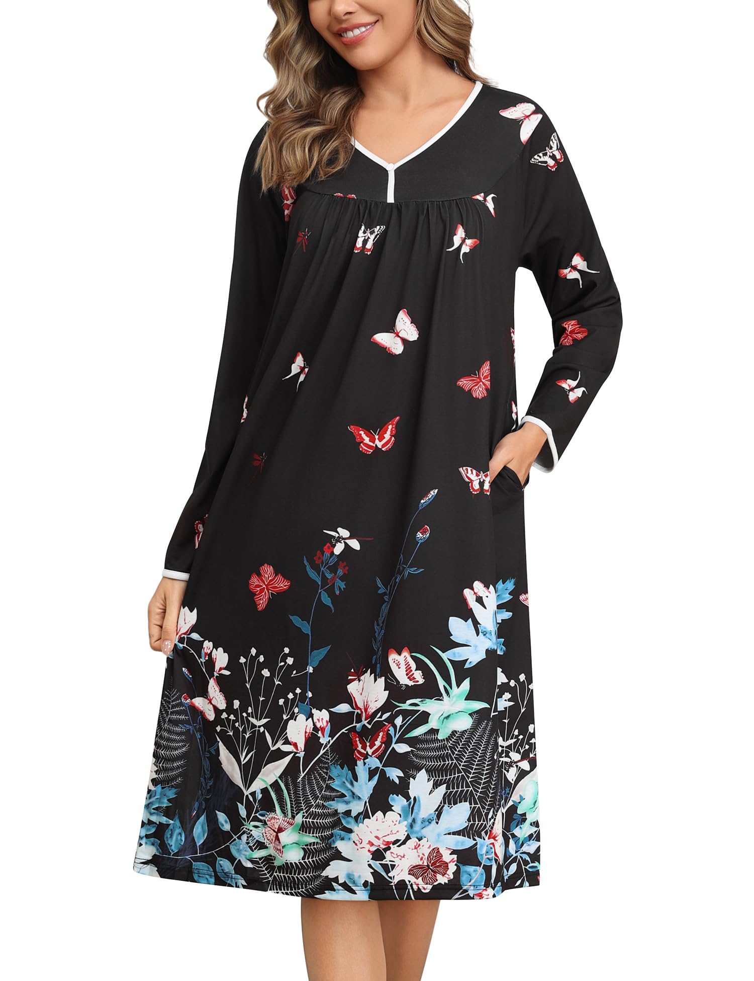 YOZLY Nightgowns for Women Soft Cotton Long Sleeve Night Gwon with Pockets-73