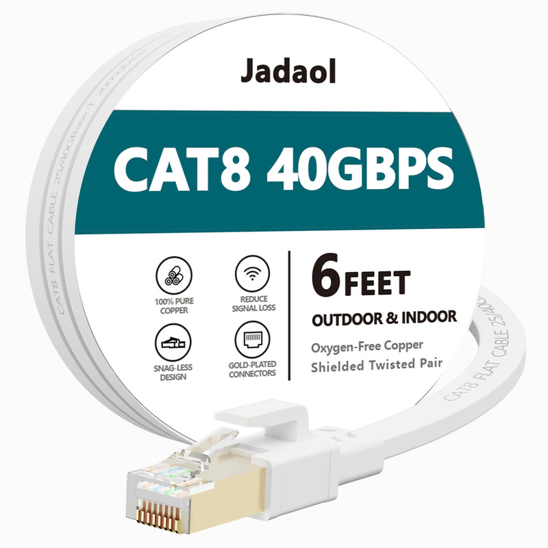 Jadaol Cat8 Ethernet Cable 100ft 40Gbps 2000MHz Flat S/FTP LAN Cable White