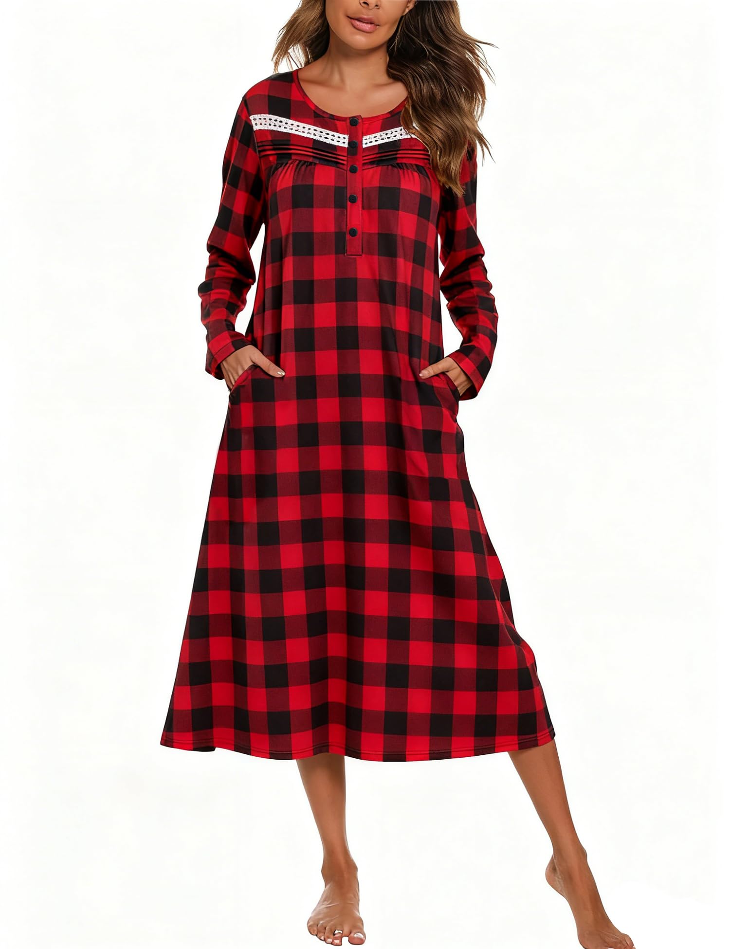 YOZLY Nightgowns for Women Soft Cotton Long Sleeve Night Gwon with Pockets-42