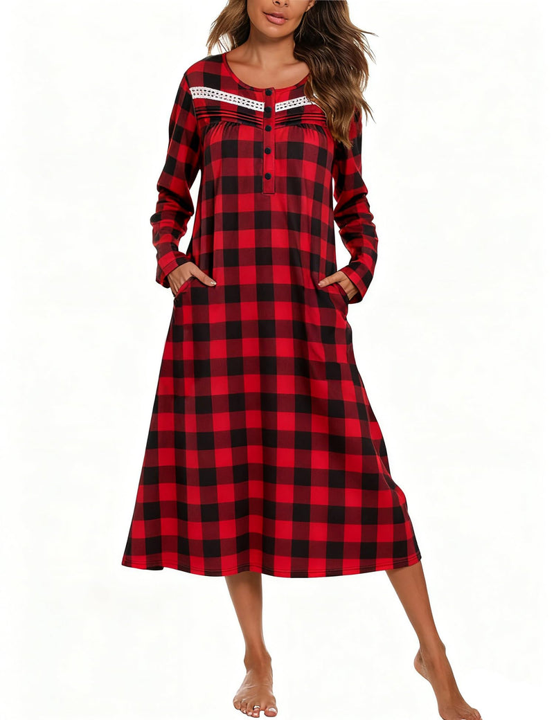 YOZLY Nightgowns for Women Soft Cotton Long Sleeve Night Gwon with Pockets-42