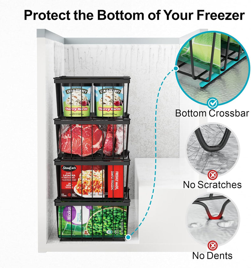 iSPECLE Freezer Organizer Bins - Storage Baskets for 5 Cu.Ft, 4 Pack | Easy Food Access, Stackable Wire Storage, Vertical Space for Frozen Food, Sorts Meat, Vegetables and Bagged Items, Home