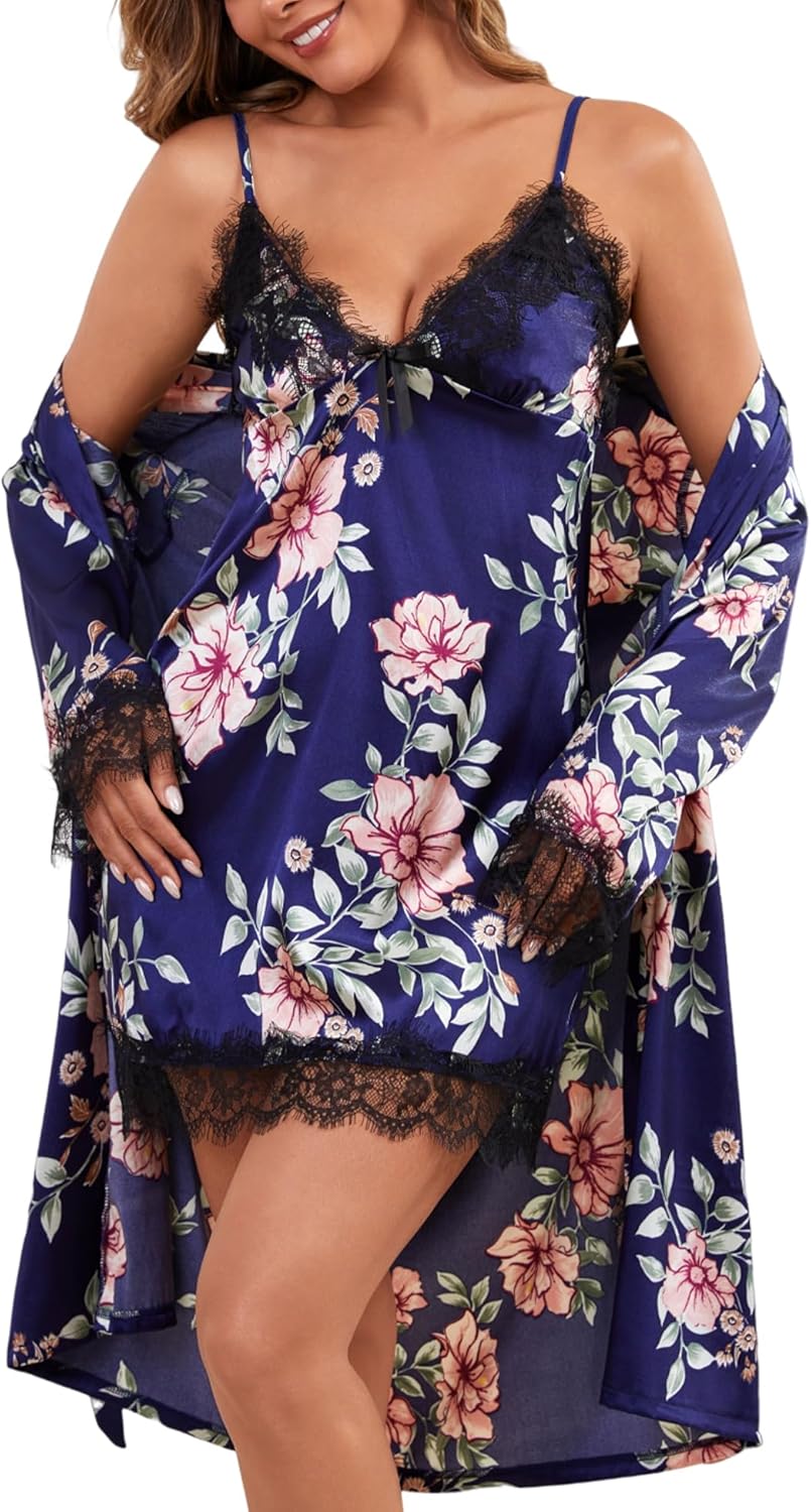 Womens Silk Lingerie Robe Nightgown 2 Piece Pajamas Set Sexy Lace V Neck Cami Satin Sleepwear-18