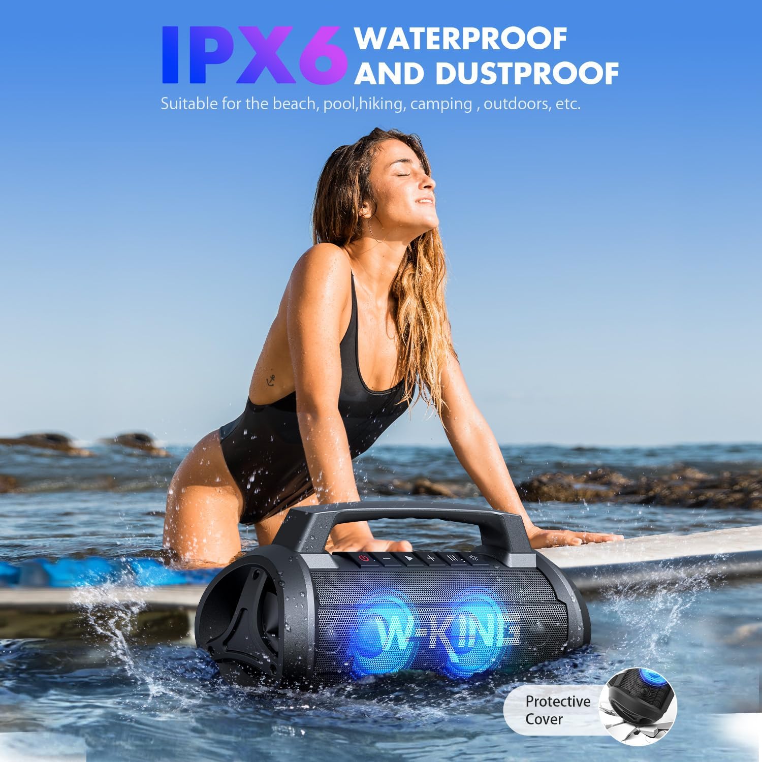 W-KING Portable Speakers Bluetooth Wireless, 120W Max Loudest Bluetooth Speaker, IPX6 Waterproof Outdoor Speaker with 70W Deep Bass/2*Subwoofer/DSP/EQ/42H/LED/MAC-in/TF/2 Pairing, Large Party Boombox