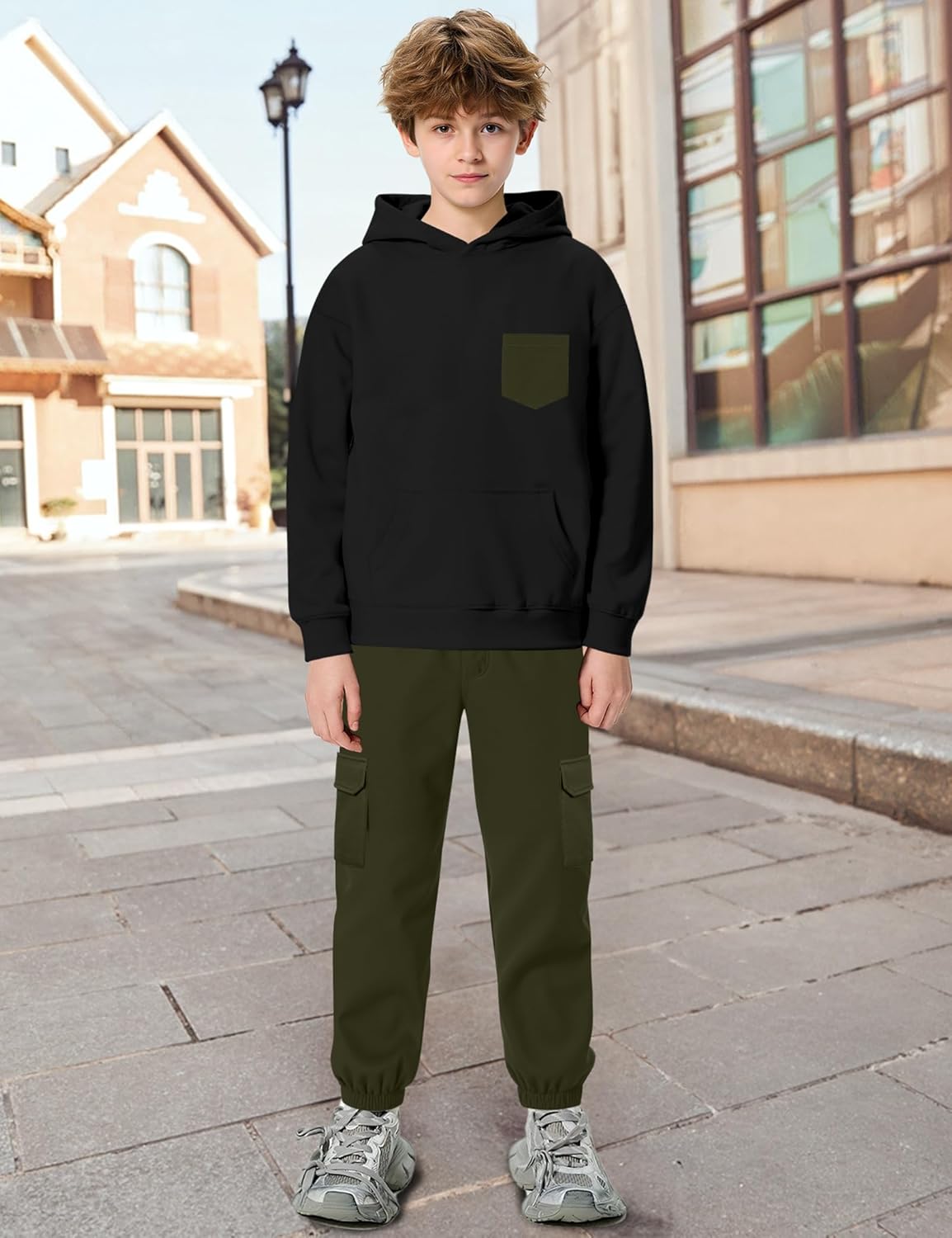 Hipea Boys Clothes Long Sleeve Hooded with Chest Pocket Cargo Pants with Side Pockets 2PCS Sets