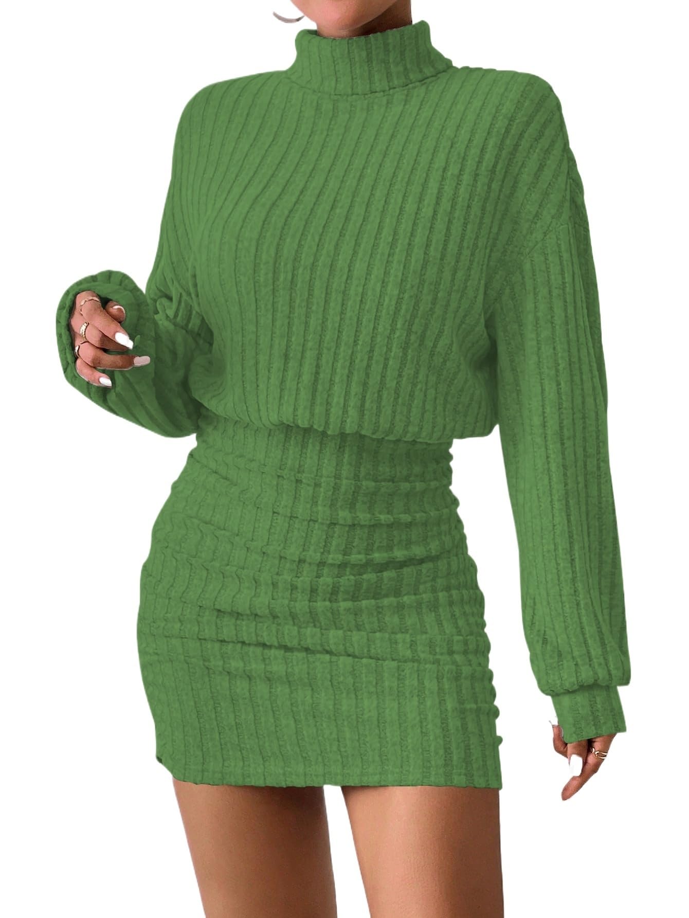 Women's Pullover Sweater Dress Long Lantern Sleeve Turtle Neck Cute Ribbed Knit Bodycon Mini Short Dress 2025 Fall-48