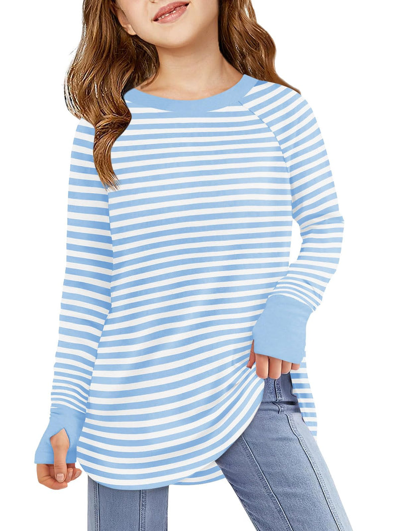 Haloumoning Girls Striped Thumb Hole Long Sleeve Shirts Kids Crewneck Tunic Tops Curved Hem Tees 5-14 Years-37