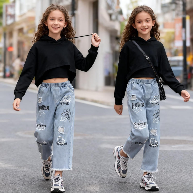Voxikidio Size 5-10 Years Girls 3PCS Fashion Outfits Set - Cropped Hoodie + Cami Top + Printed Jeans 3-Piece Set