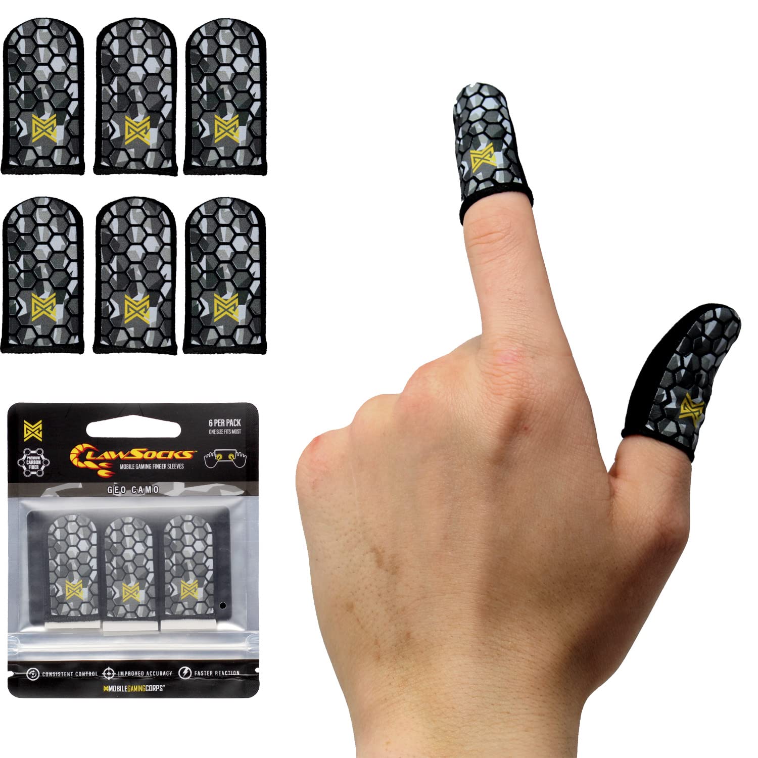 MGC ClawSocks 6 Pack Carbon, Gamer Finger & Thumb Sleeves, Mobile Gaming Stabilizer & Compression Support Black