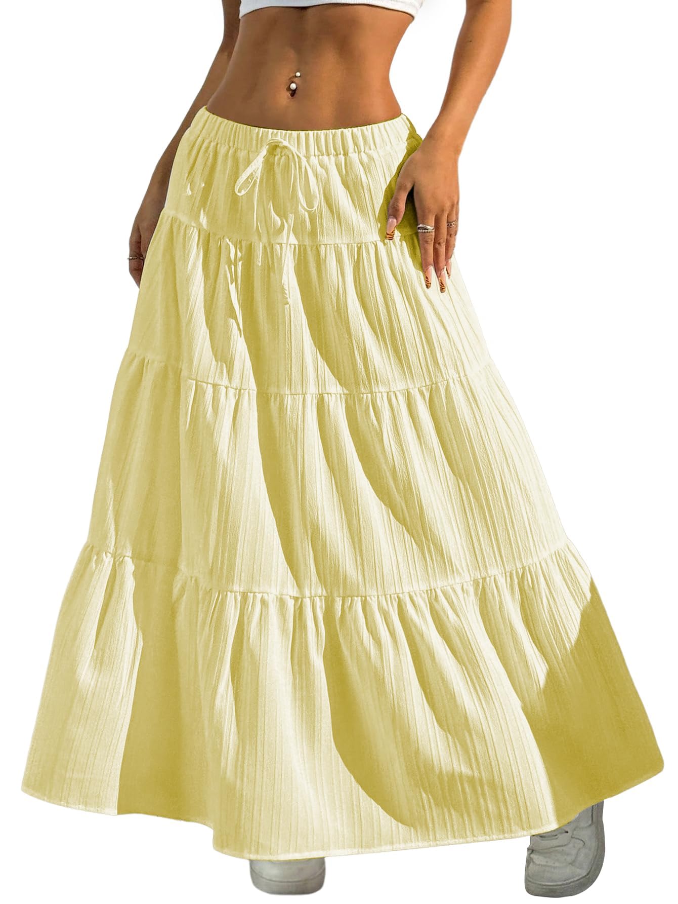 Maxi Skirts for Women Ruffle Hem A Line Long Skirts Elastic Waist Elegant Tiered Layer Boho Long Dress