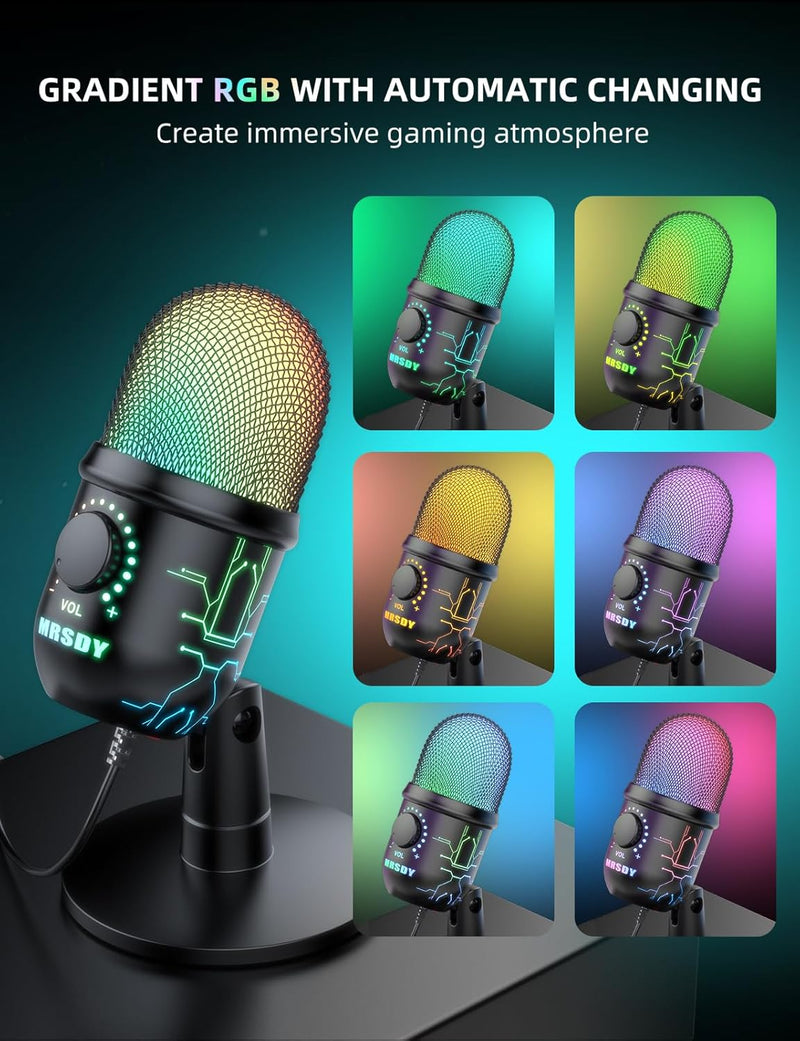 Gaming Microphone, USB Computer Microphone for PC, Mac, PS4/5, Condenser Podcast Mic for Studio Recording, YouTube, Streaming, with Headphone Jack, Led Light, Mute, Gain, Noise Cancellation