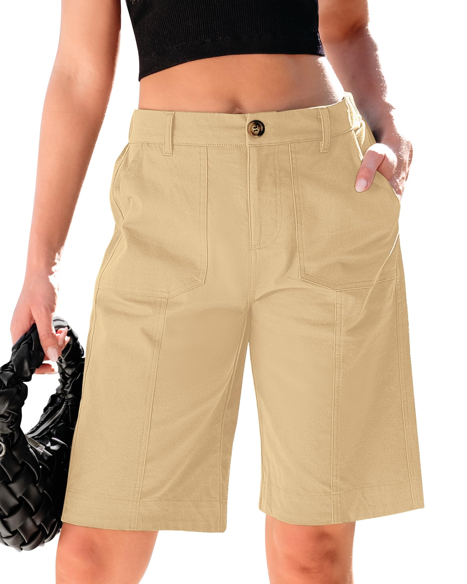 luvamia Bermuda Shorts for Women Knee Length High Waisted Cotton Elastic Waist Summer Dressy Casual Long Chino Shorts