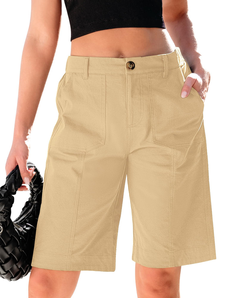 luvamia Bermuda Shorts for Women Knee Length High Waisted Cotton Elastic Waist Summer Dressy Casual Long Chino Shorts