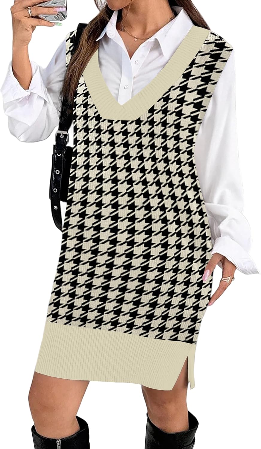 Zeagoo Women's V Neck Sweater Vest Dress Oversized Sleeveless Casual Pullover Sweater Fall Winter Knit Slit Short Dress-38