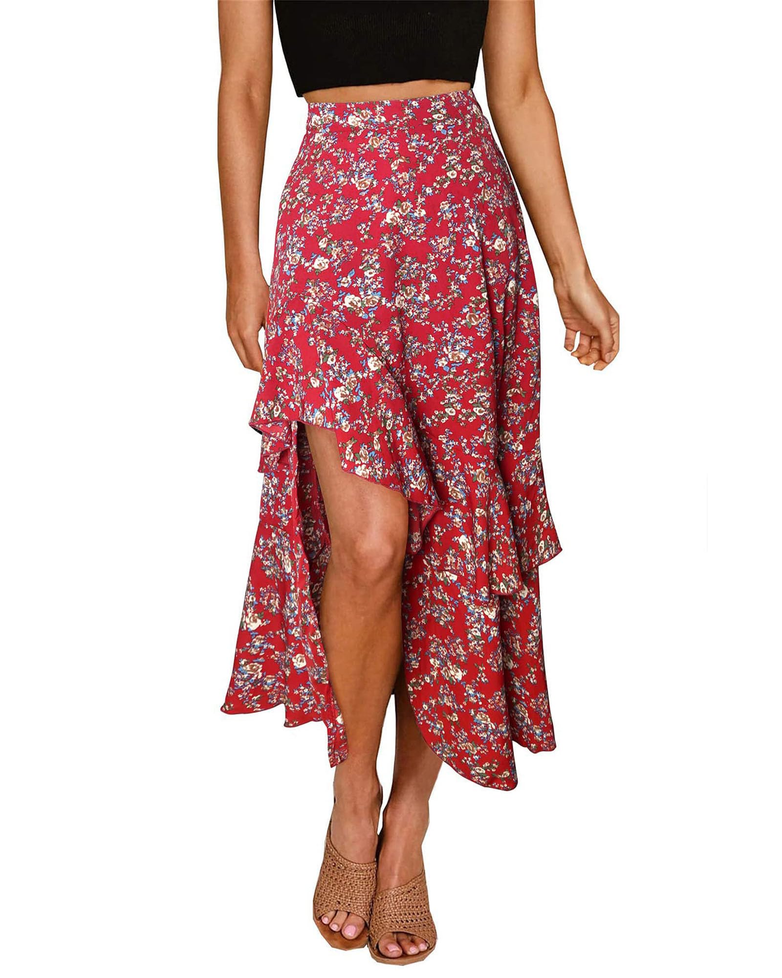BTFBM Women 2026 Spring Summer Long Skirts Dress Boho Floral Elastic Waist Split Ruffle High Low Beach Maxi Skirt Clothes