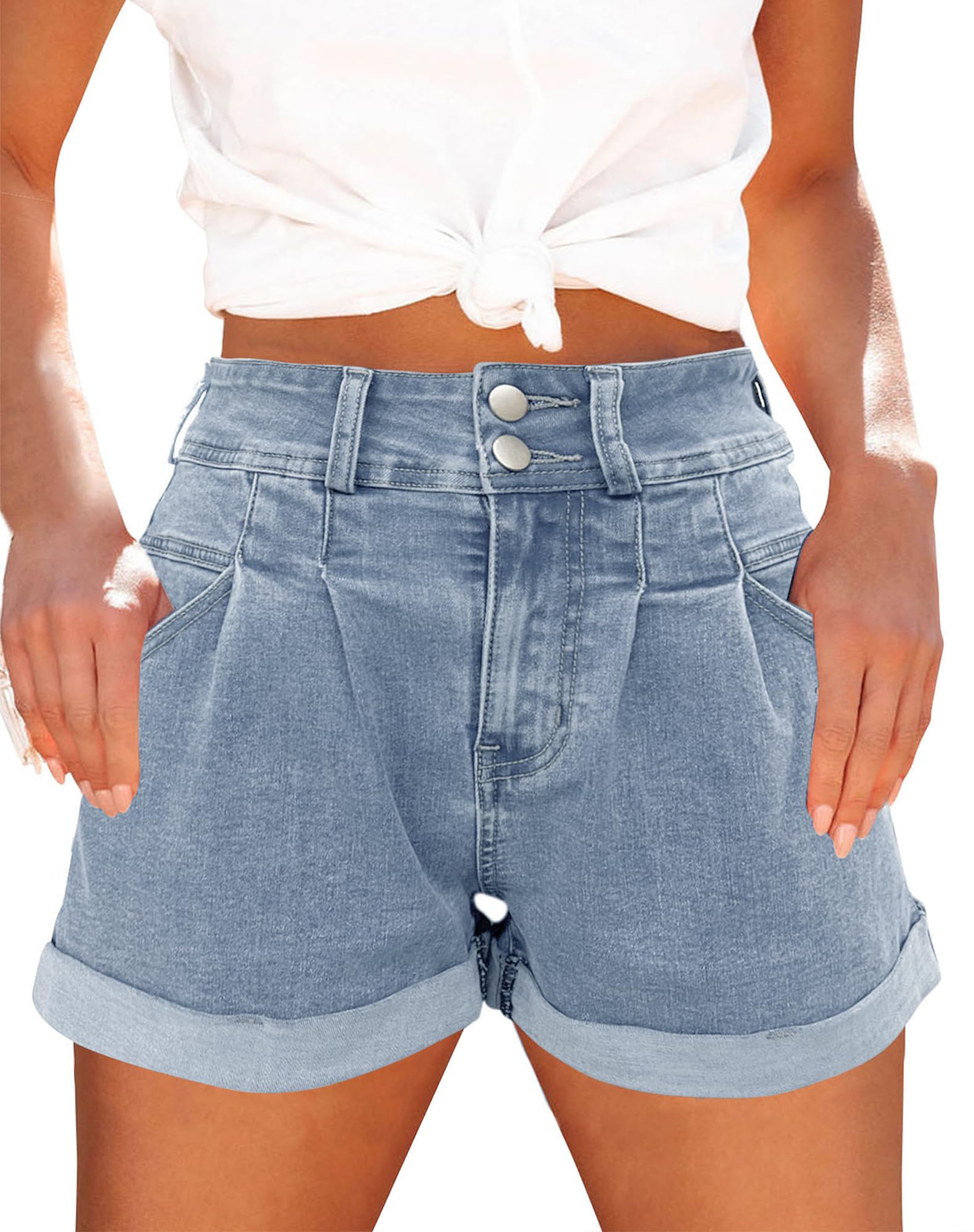 Womens Relaxed Fit Casual High Waist Pocketed Denim Shorts