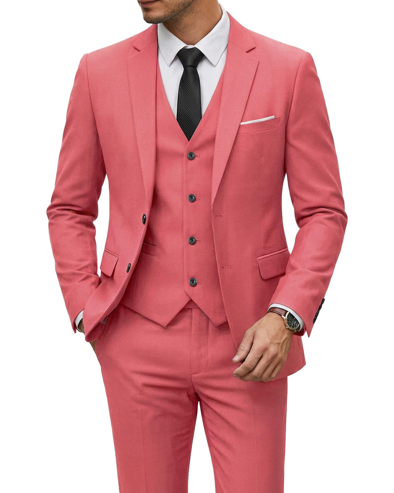 YND Men's 3 Piece Suit Set with Tie, 2 Button Slim Fit Solid Blazer Jacket Vest Pants, Business Wedding Party Suits for Men-60