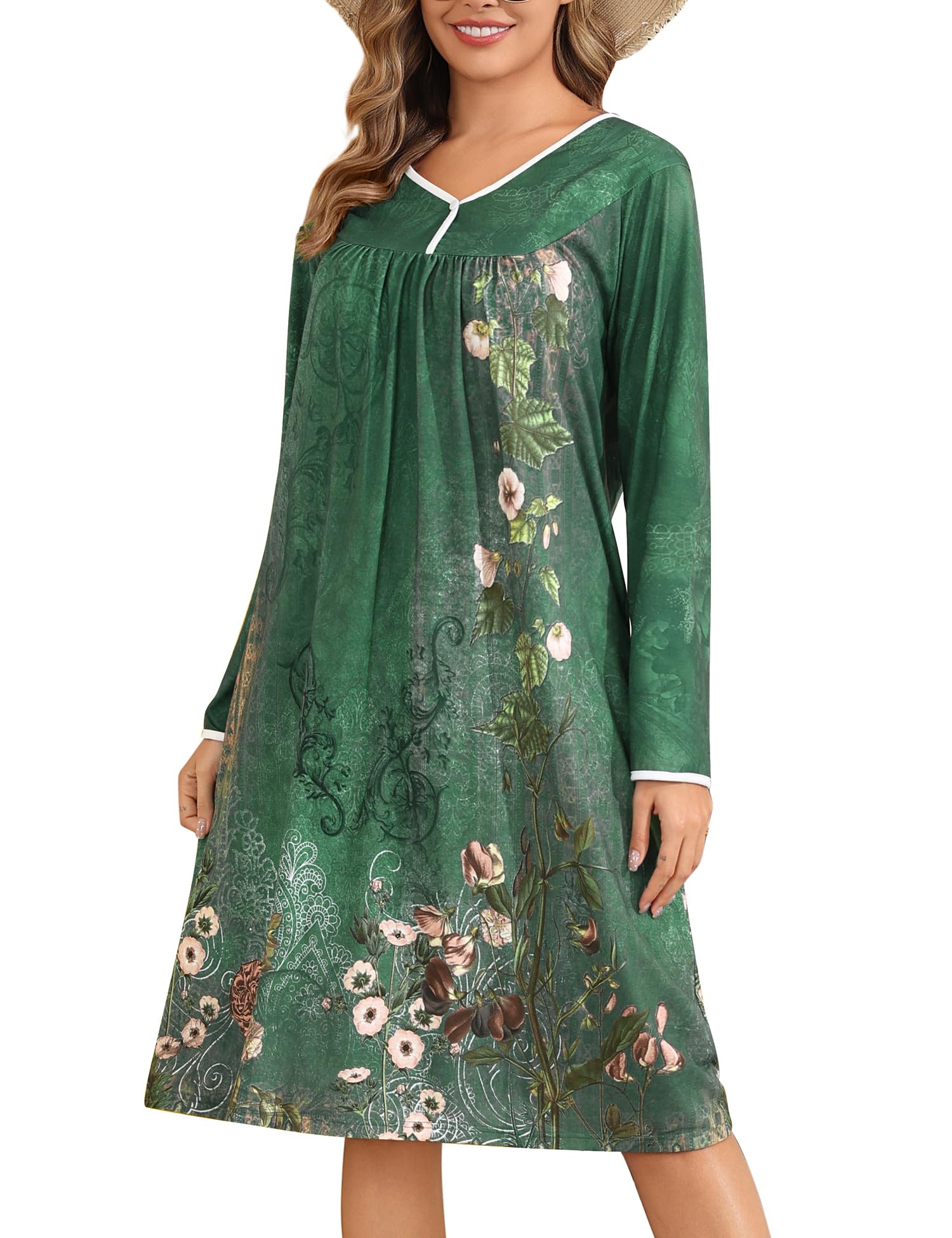 YOZLY Nightgowns for Women Soft Cotton Long Sleeve Night Gwon with Pockets-68