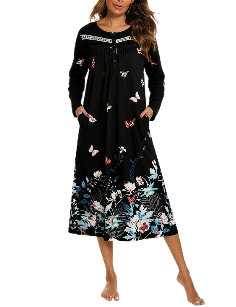 YOZLY Nightgowns for Women Soft Cotton Long Sleeve Night Gwon with Pockets-31