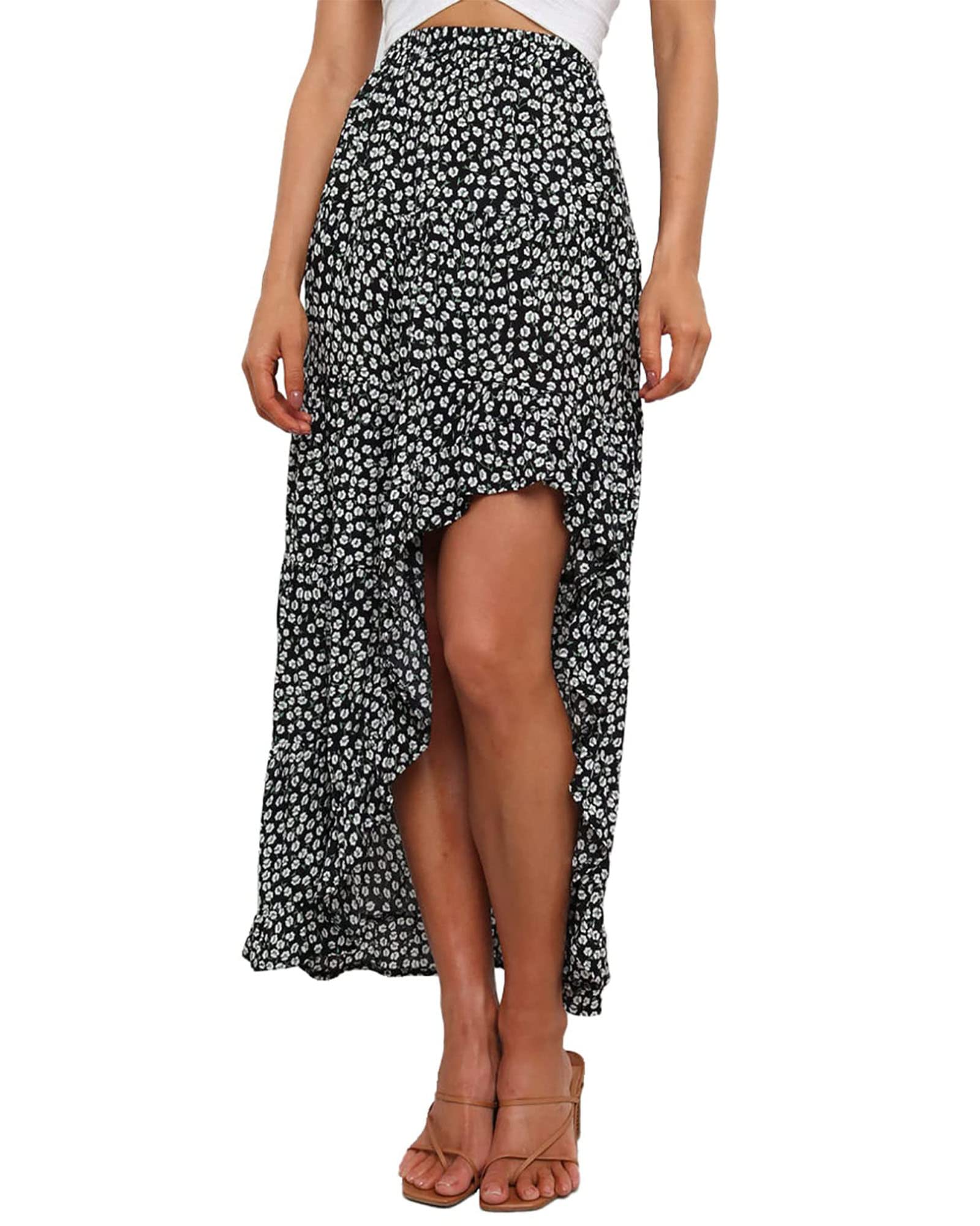 BTFBM Women 2026 Spring Summer Long Skirts Dress Boho Floral Elastic Waist Split Ruffle High Low Beach Maxi Skirt Clothes