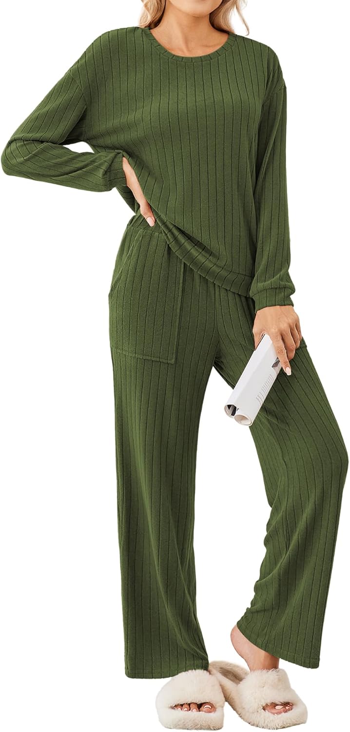 Ekouaer Lounge Sets for Women Ribbed Knit Pajama Sets 2 Piece Long Sleeve Pjs Soft Loungewear Outfits with Pockets-14