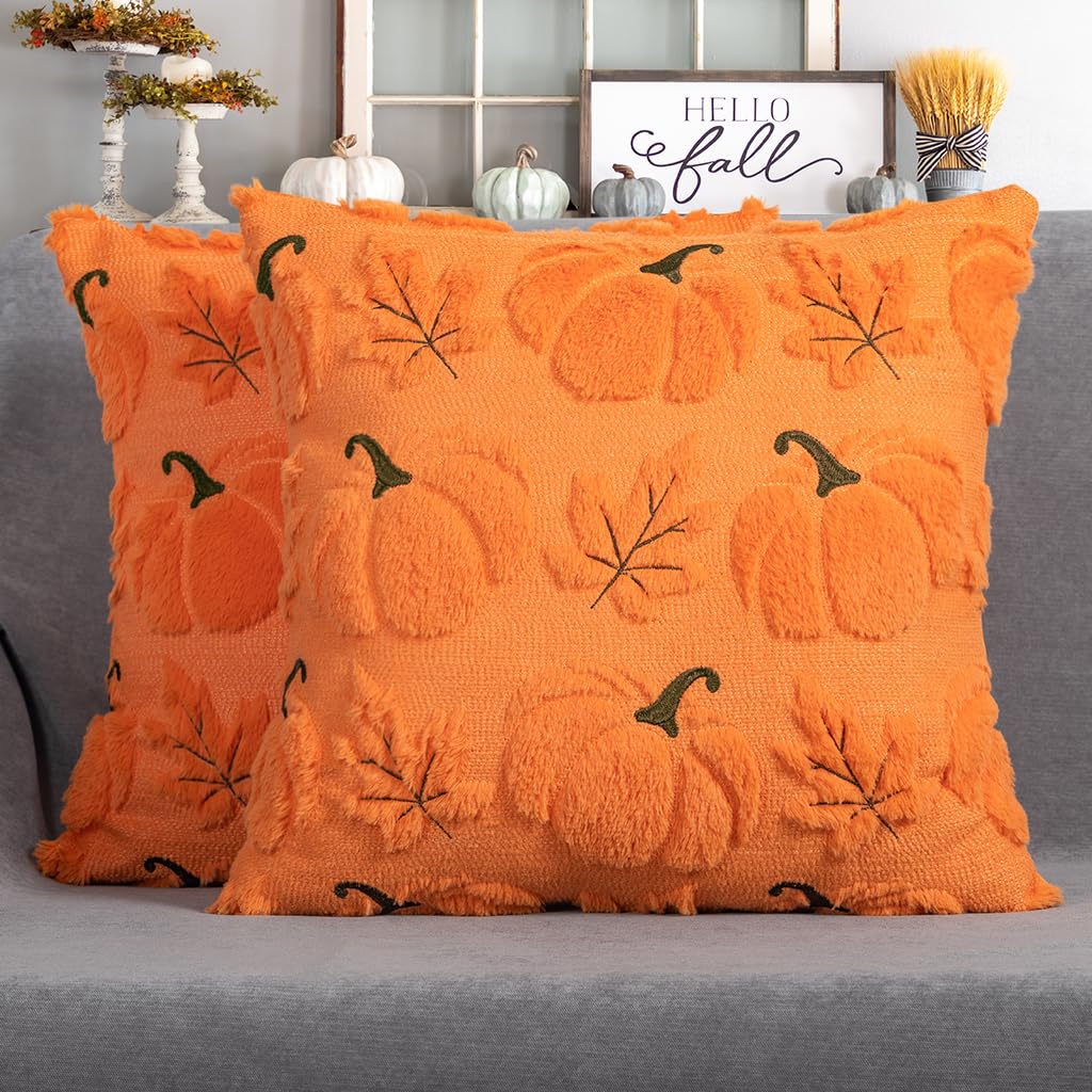 4TH Emotion Fall Pumpkins Leaves Decorative Pillow Covers 18"x18" Set of 2, Beige Soft Plush Faux Fur Throw Cushion Cases for Autumn Thanksgiving Holiday Home Decorations