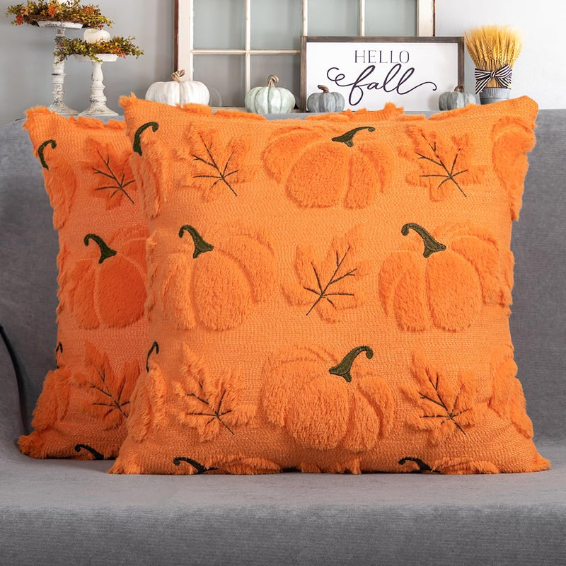 4TH Emotion Fall Pumpkins Leaves Decorative Pillow Covers 18"x18" Set of 2, Beige Soft Plush Faux Fur Throw Cushion Cases for Autumn Thanksgiving Holiday Home Decorations