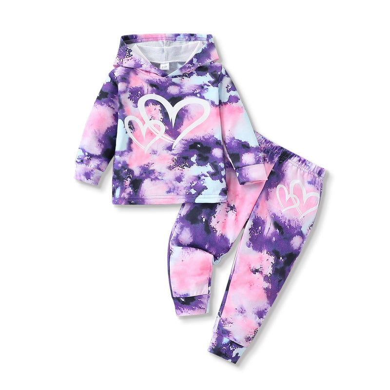 Toddler Baby Girls Clothes Long-sleeve Tie Dye Hoodie Pullover and Sweatpants Heart Print Hooded Outfits Set