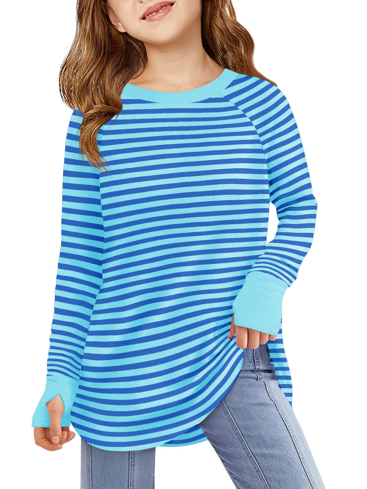 Haloumoning Girls Striped Thumb Hole Long Sleeve Shirts Kids Crewneck Tunic Tops Curved Hem Tees 5-14 Years-41