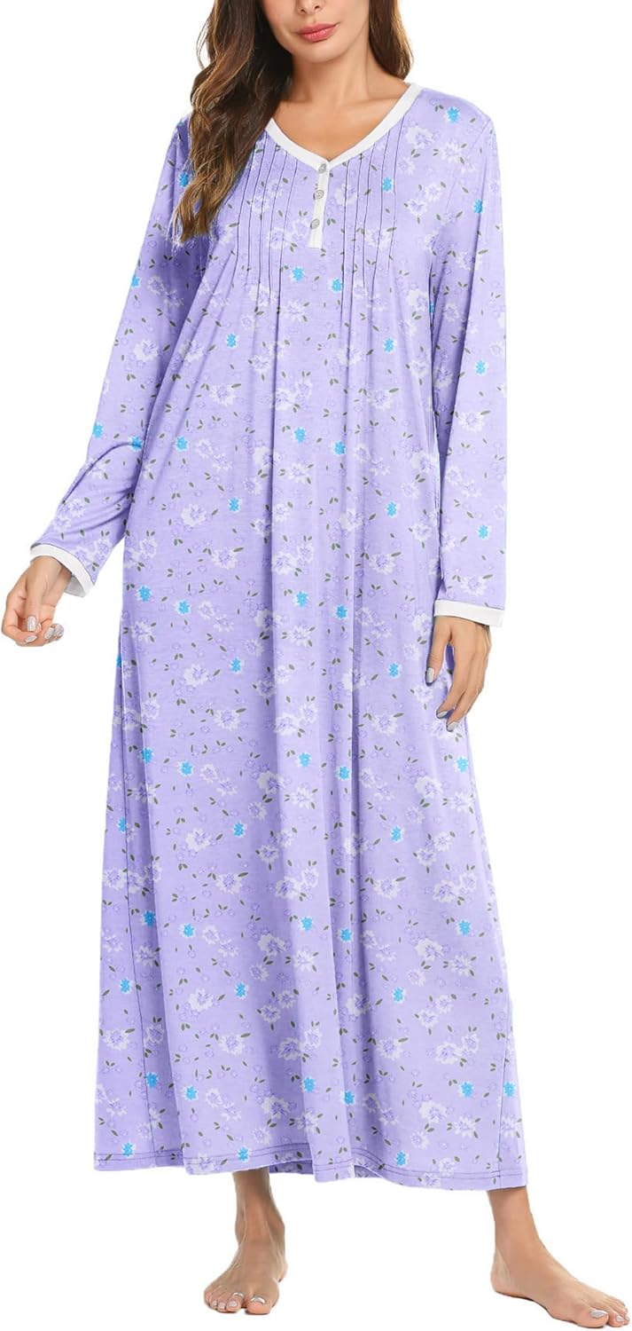 Ekouaer Women's Long Sleeve Nightgown Full Length Sleepwear Long Sleepshirts Henley Sleep Dress S-4XL-4