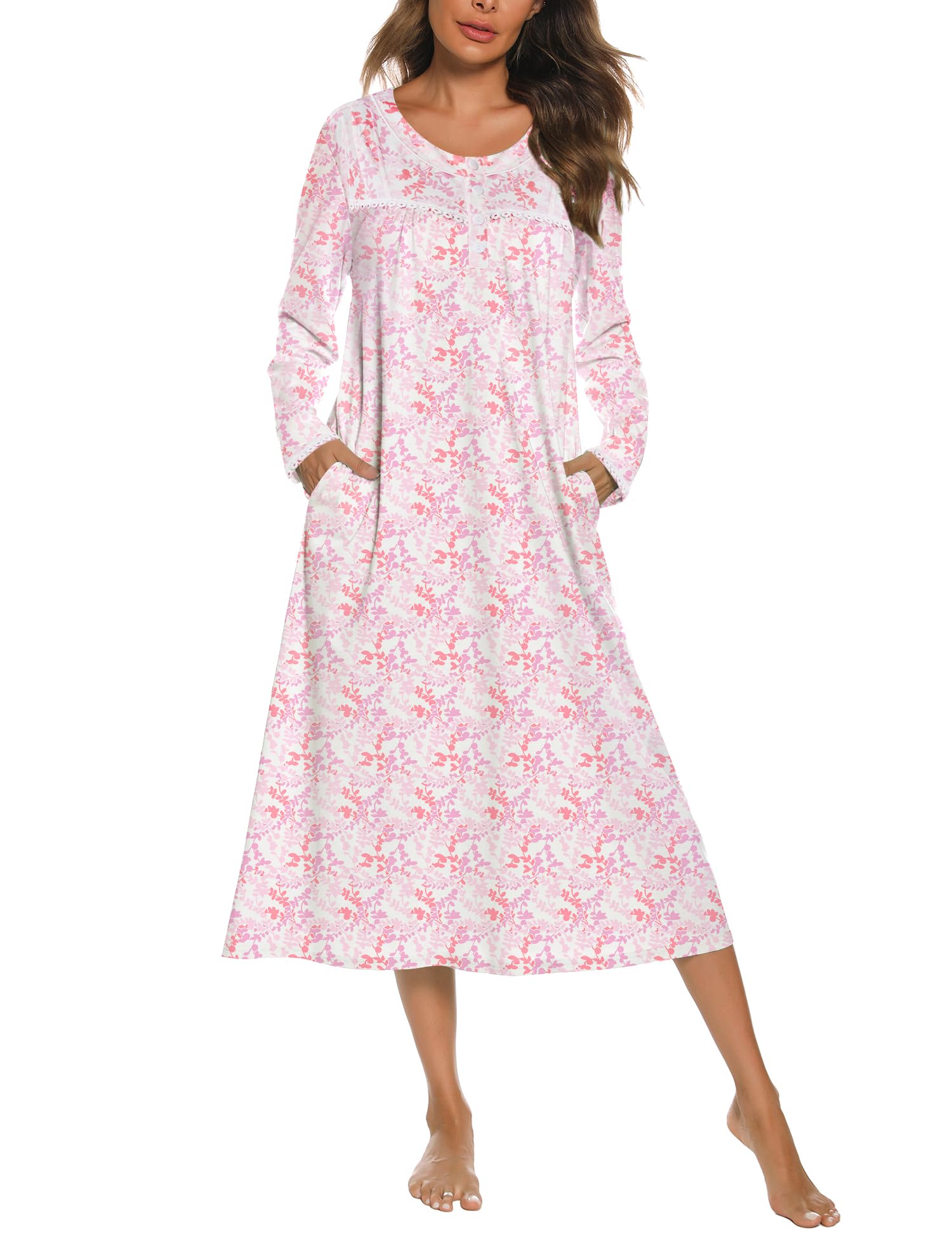 YOZLY Nightgowns for Women Soft Cotton Long Sleeve Night Gwon with Pockets-37