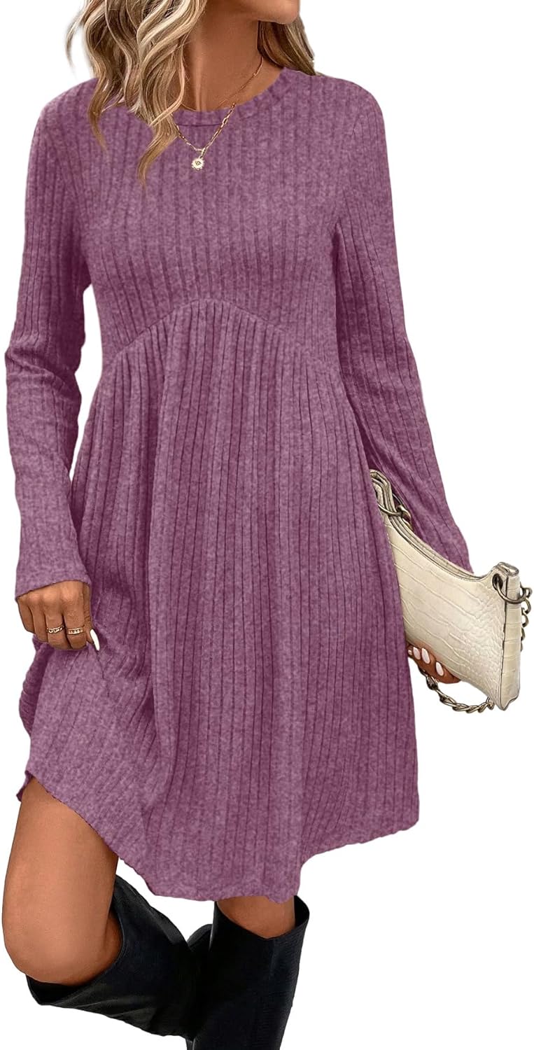 OFEEFAN Long Sleeve Dress for Women Crew Neck Empire Waist Tunic Dress with Pockets-46