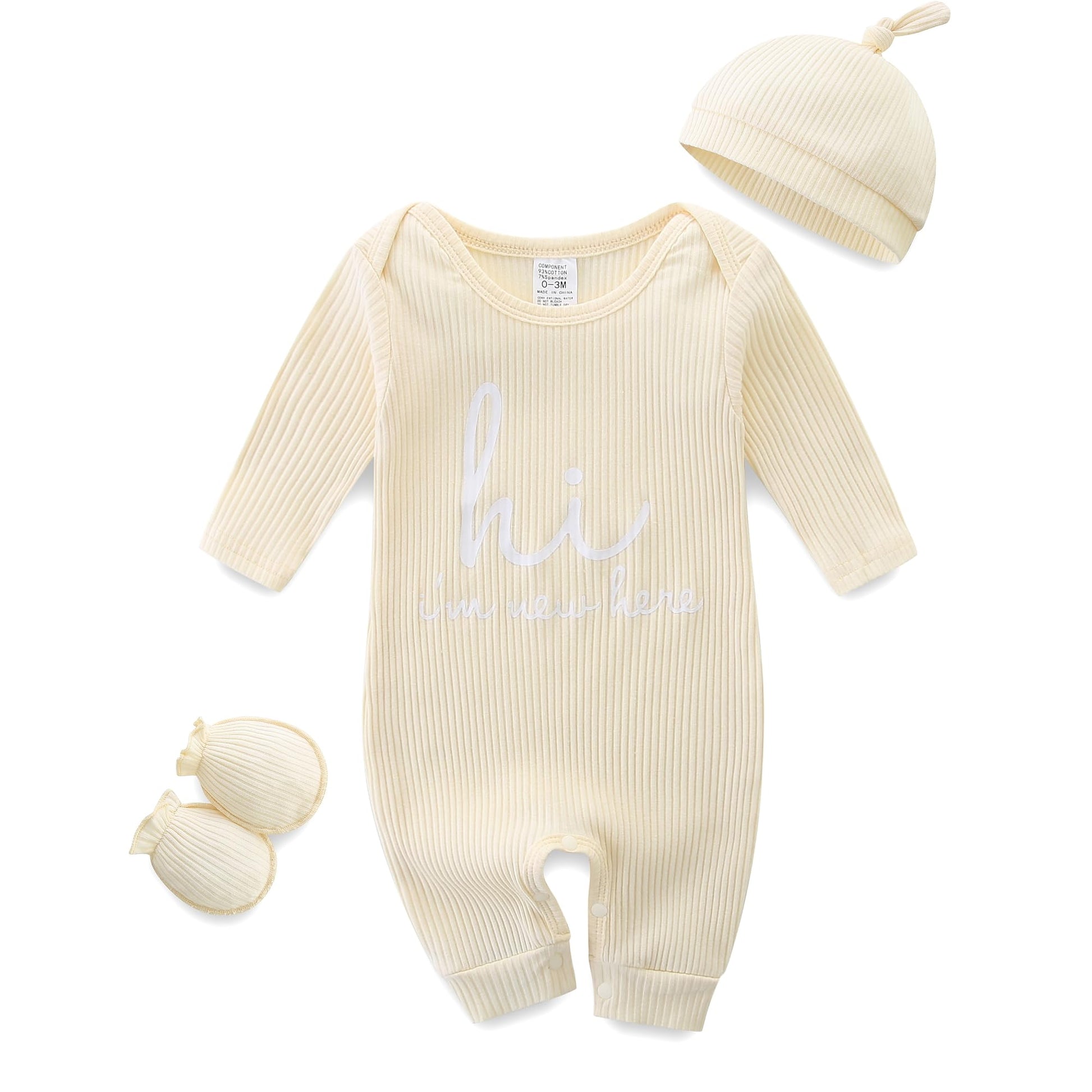 Baby Romper with Baby Mittens & Newborn Hats Footless Long Sleeve Solid Onesie Hi Im New Here-10