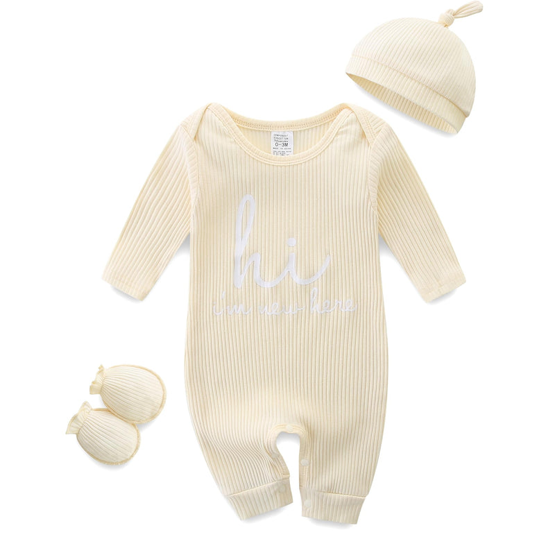 Baby Romper with Baby Mittens & Newborn Hats Footless Long Sleeve Solid Onesie Hi Im New Here-10