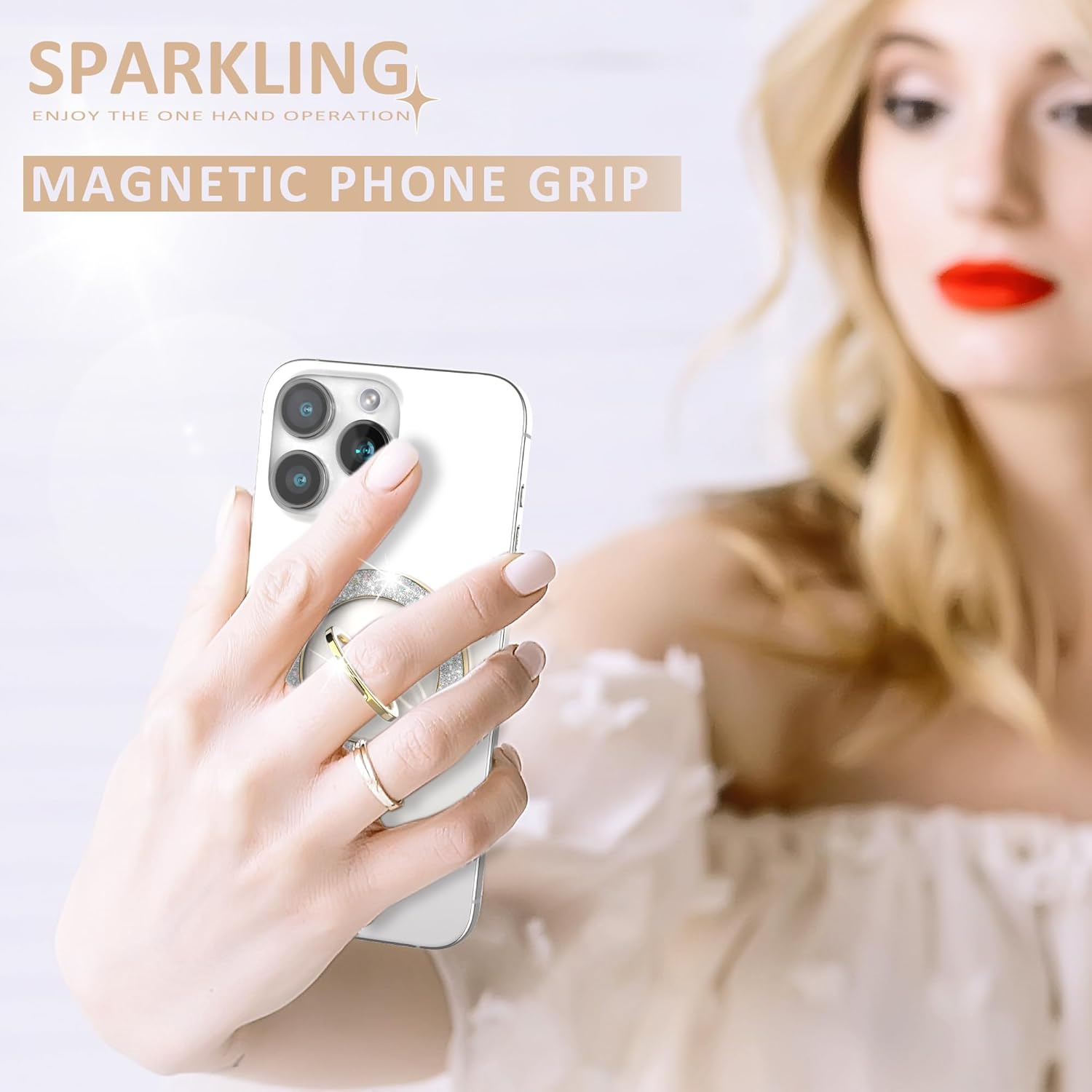 Magnetic Phone Ring Holder for MagSafe Cell Phone Grip Stand Finger Ring Stand Compatible with iPhone 17 16 15 14 13 12 Pro Max MagSafe Accessories Android. (Glitter Gold)