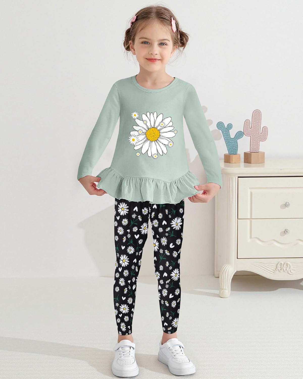 CARETOO Toddler Girl Clothes Girl 2pcs Fall Winter Outfit Ruffle Hem Top and Full-print Patterned Pants 2-7 Years