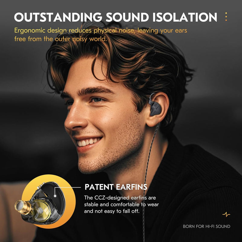 CCZ DC03 IEMs for Gaming with Mic, 1DD HiFi Headphones in Ear Monitors for Singers Musician, Deep Bass Sound Noise Cancelling Wired Gaming Earbuds, IEM Earphones with Detachable Cable(Black, with Mic)