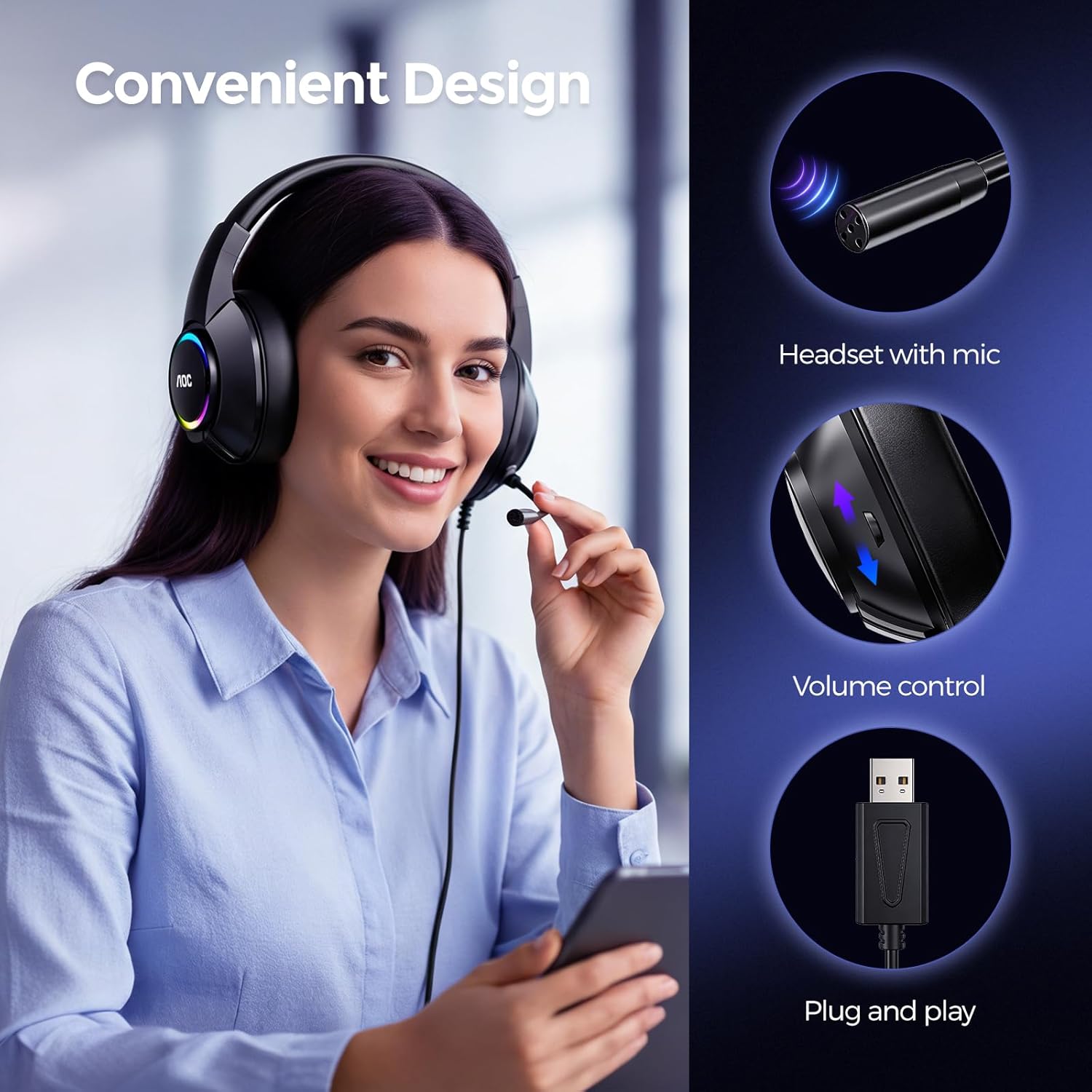 AOC Gaming Headset, Black Wired Gaming Headphones with 50mm Drivers, RGB USB Corded Headphone for PC/Laptops, Over Ear Headset with Mic for PS4/PS5/NS Switch(Docked Mode), ACG2510