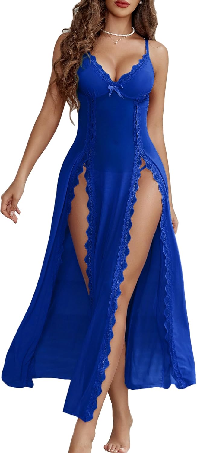 Avidlove Women Lingerie Lace Babydoll Chemise Sexy Mesh Nightdress V Neck Nightwear Side Split Nightgown-83