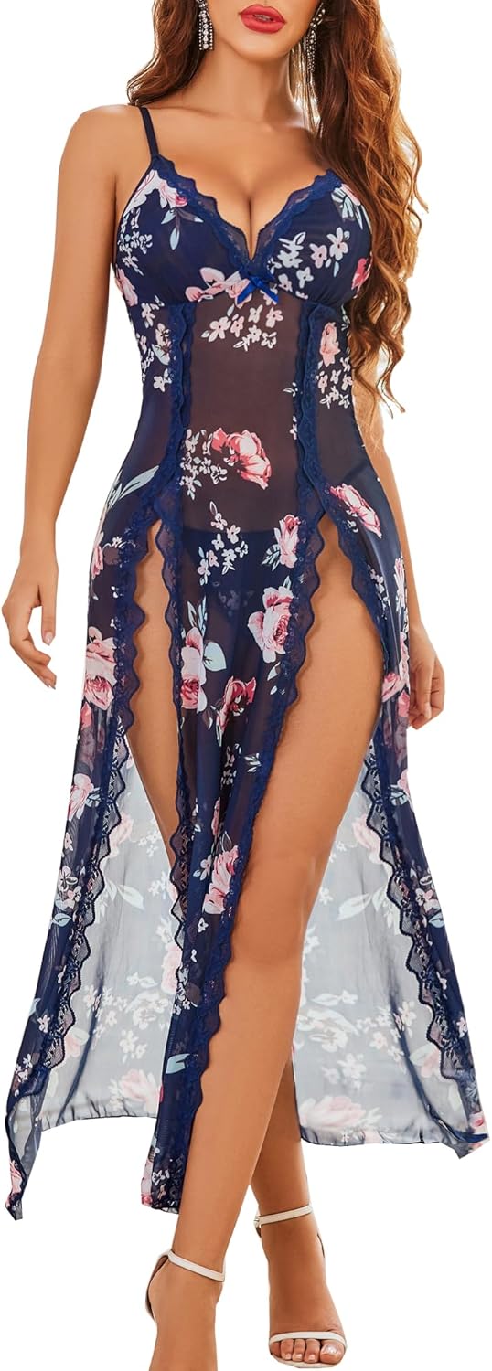 Avidlove Women Lingerie Lace Babydoll Chemise Sexy Mesh Nightdress V Neck Nightwear Side Split Nightgown-79