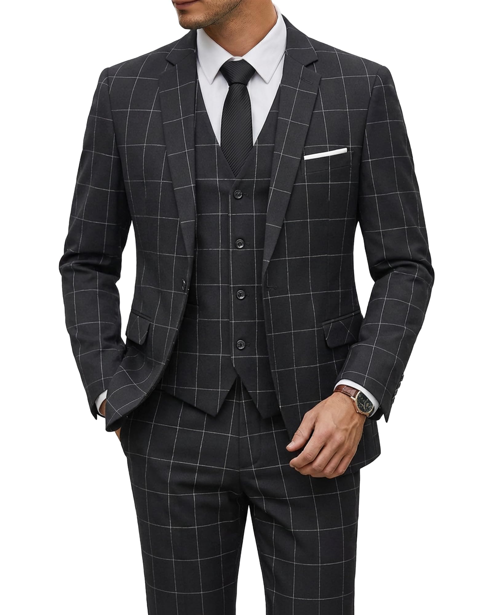 YND Men's 3 Piece Suit Set with Tie, 2 Button Slim Fit Solid Blazer Jacket Vest Pants, Business Wedding Party Suits for Men-55