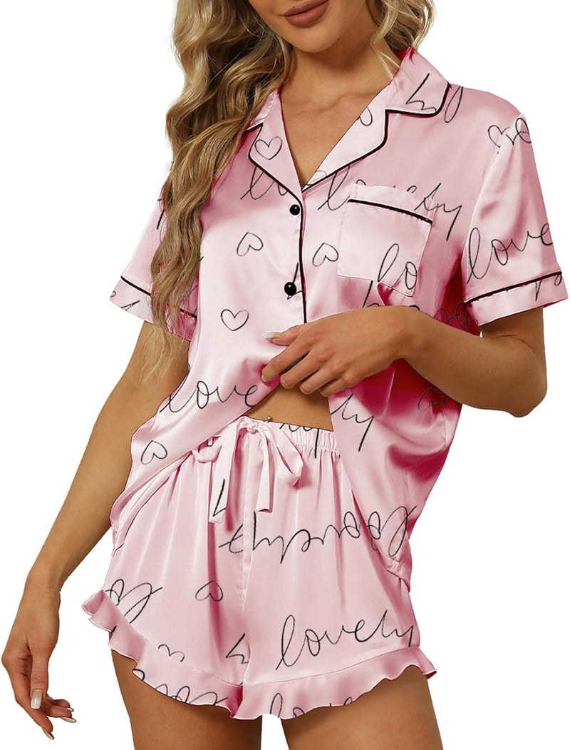 SAPJON Satin Silk Pajamas for Women 2Pcs Ruffle Notch Collar Sleepwear Button Down Short Sleeve Shorts Pjs Set Loungewear-46