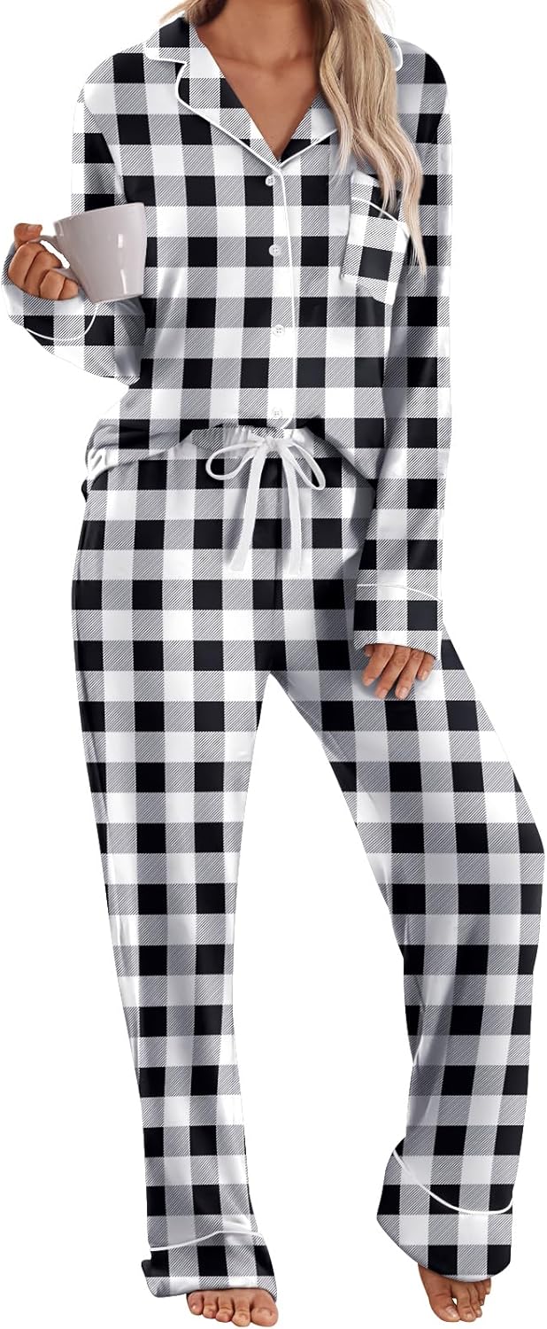 LILLUSORY Women's Long Sleeve Pajama Set - Soft Button-Down Top & Comfortable Drawstring Pants with Pockets-51