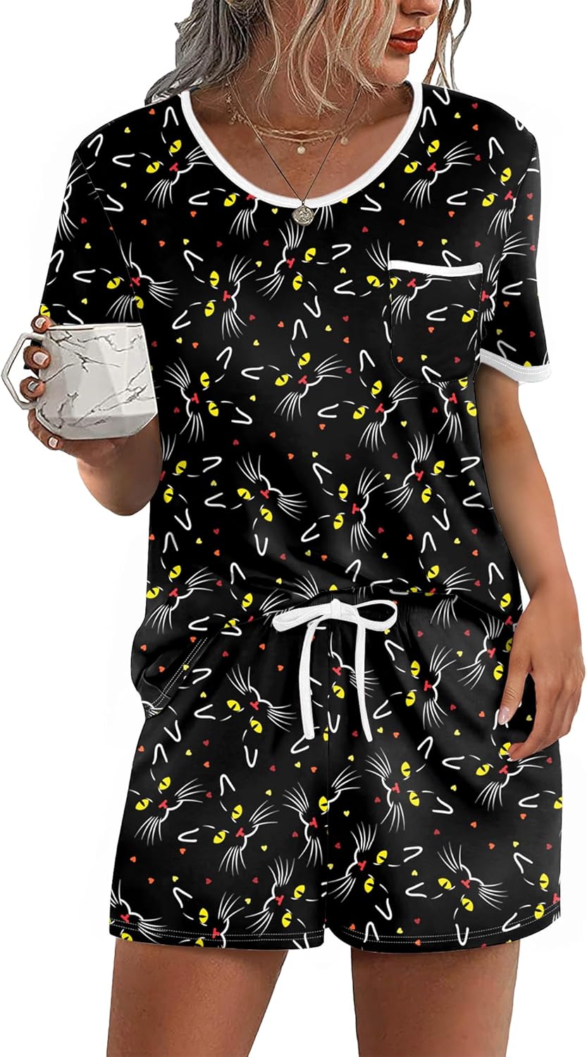Ekouaer Pajama Set for Women 2 Piece Lounge Set Short Sleeve Tops and Shorts Soft Sleepwear, Chest Pocket-8